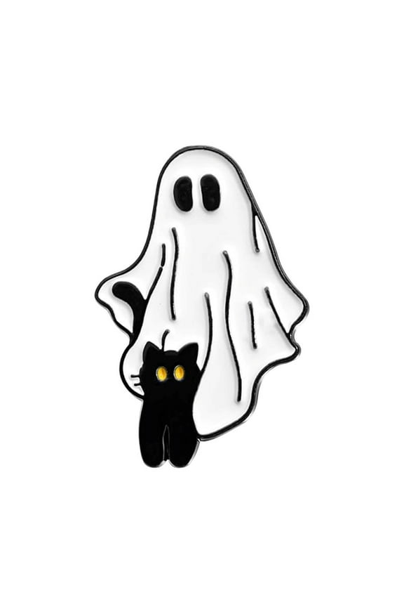 Ghost with Black Cat Enamel Brooch - Halloween Theme Metal Animal Lapel Pin, Cartoon Brooch for Jacket, Backpack, Hat, and Clothes Accessory