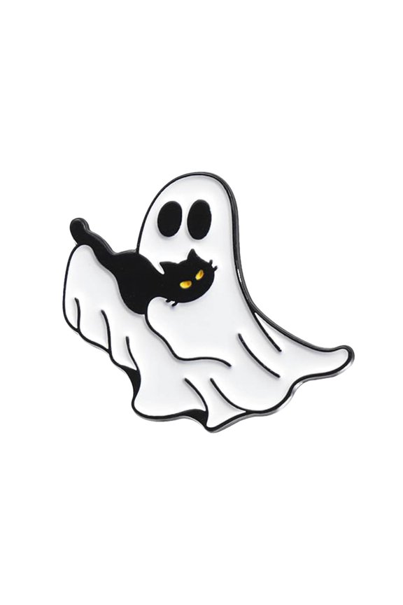 Ghost with Black Cat Enamel Brooch - Halloween Theme Metal Animal Lapel Pin, Cartoon Brooch for Jacket, Backpack, Hat, and Clothes Accessory