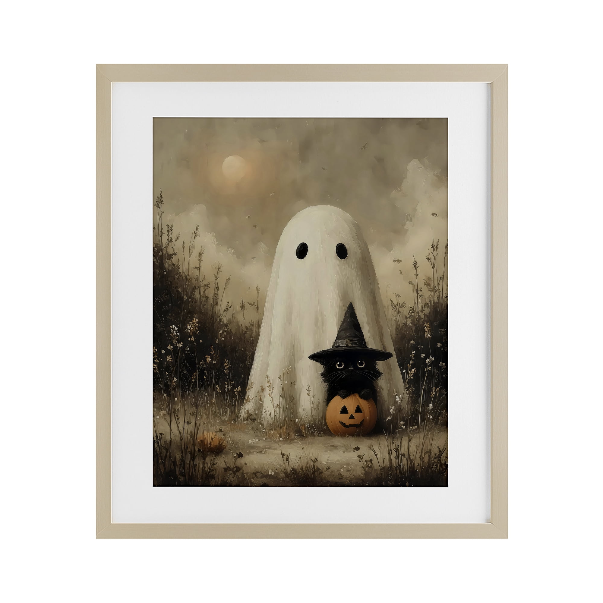Ghost with Black Kitten Birch Framed Print Under Glass, design by Arlington Prints