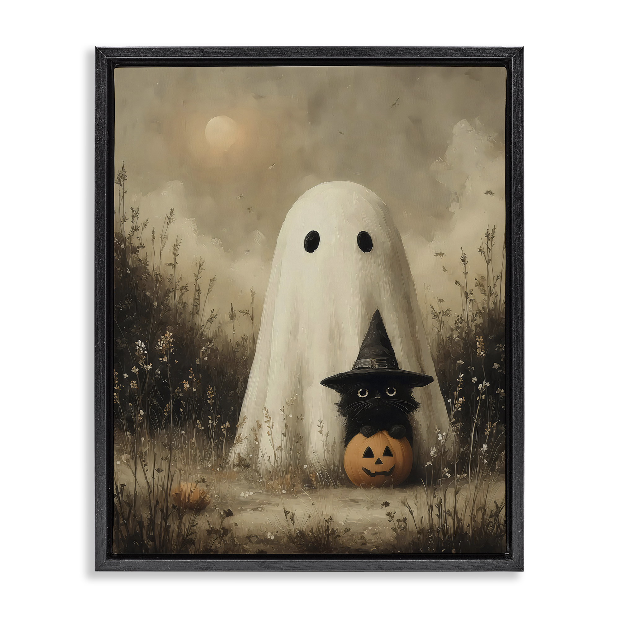 Ghost with Black Kitten Black Framed Floater Canvas Wall Art, design by Arlington Prints