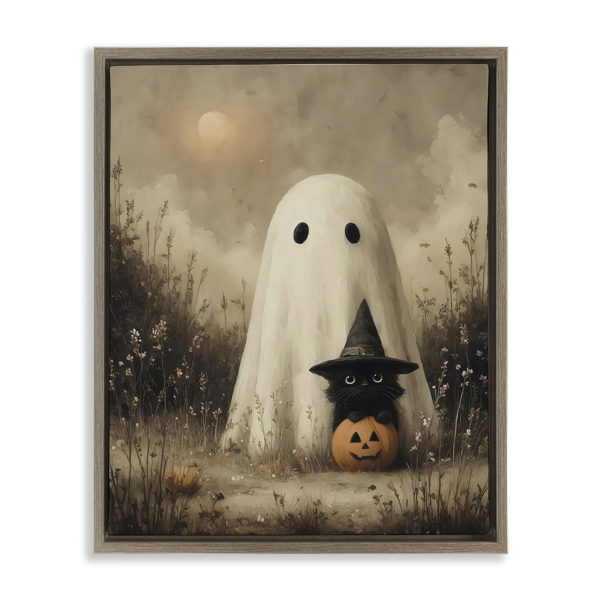 Ghost with Black Kitten Brown Framed Floater Canvas Wall Art, design by Arlington Prints