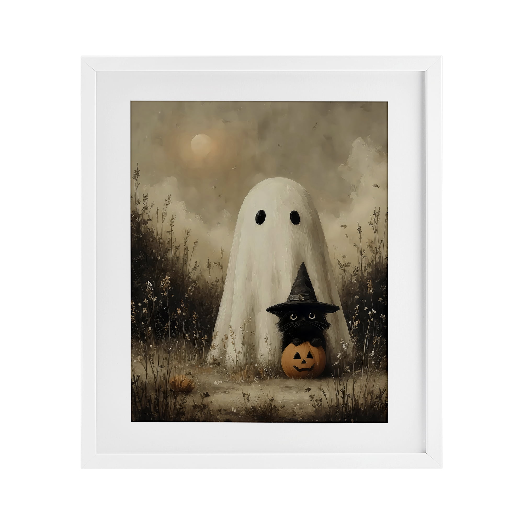 Ghost with Black Kitten White Framed Print Under Glass, design by Arlington Prints