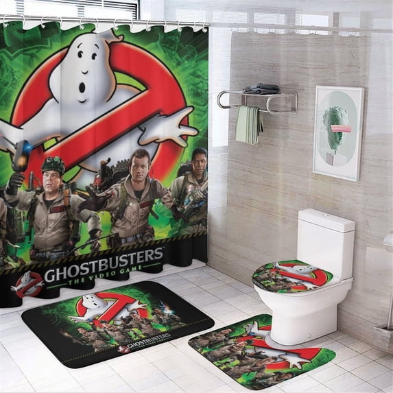 Ghostbusters 4 Pcs Shower Curtain Set with Rugs And Toilet Lid Cover, Cartoon Bathroom Decor Sets with Shower Curtain And Rugs, Bathroom Curtain Set with Mats