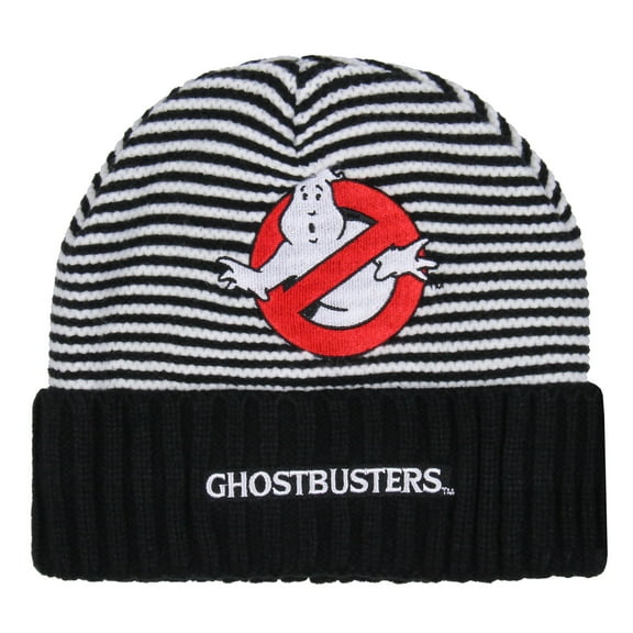 Ghostbusters Beanie Men's Embroidered Ghostbusters Logo Patch Striped Cuffed Knit Beanie Skull Cap Winter Hat Warm OSFM