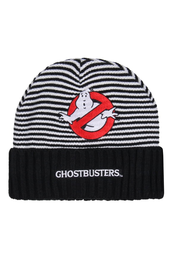 Ghostbusters Beanie Men's Embroidered Ghostbusters Logo Patch Striped Cuffed Knit Beanie Skull Cap Winter Hat Warm OSFM
