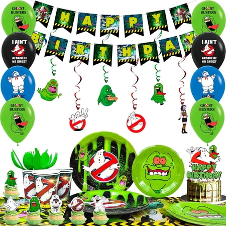 Ghostbusters Birthday Decoration, 117pcs Ghostbusters Party Decoration&Tableware Set-Ghostbusters Banner Balloons Cupcake Topper Napkins Paper Plates Cups Table Cloth etc Ghostbusters Party Supplies