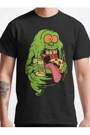 Ghostbusters Cotton Crew Neck T-Shirt With Playful Slime And Pizza Patterns - Men'S Black Casual Short Sleeve T-Shirt, Regular Version