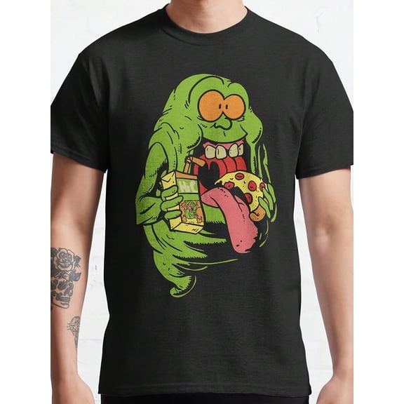 Ghostbusters Cotton Crew Neck T-Shirt With Playful Slime And Pizza Patterns - Men'S Black Casual Short Sleeve T-Shirt, Regular Version