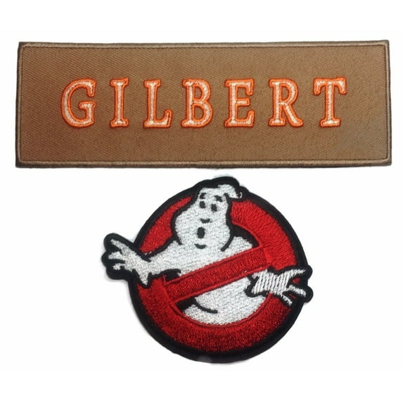 Ghostbusters Gilbert Tan Name Tag with No Ghost Iron On Patch Set of 2