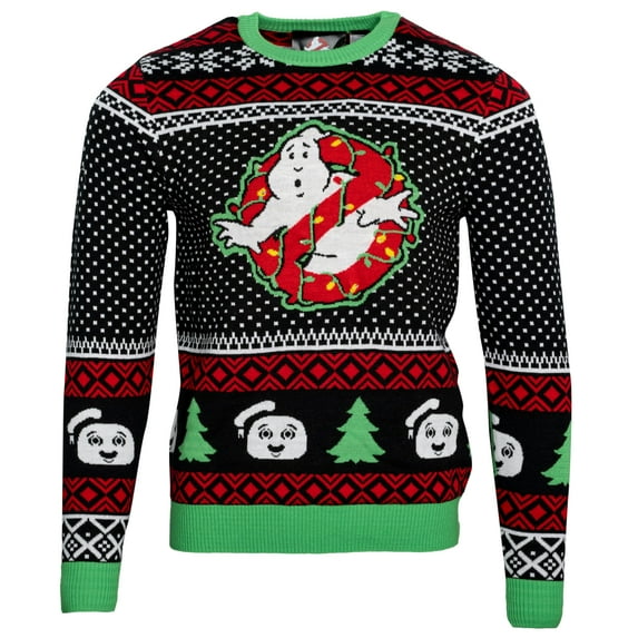 Ghostbusters Logo Marhsmellow Man and Trees Light Up Ugly Christmas Sweater