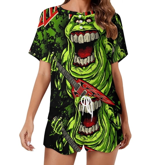 Ghostbusters Slimer Summer Home Suit For Womens Short-Sleeved Pajama Set 2pcs Loungewear Soft Sleepwear T-Shirts Tee Shirt Top And Short Sleeping Pants
