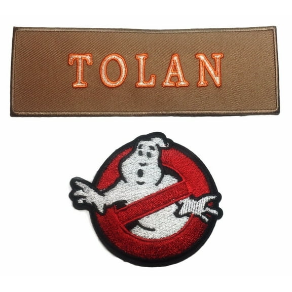 Ghostbusters Tolan Tan Name Tag with No Ghost Iron On Patch Set of 2