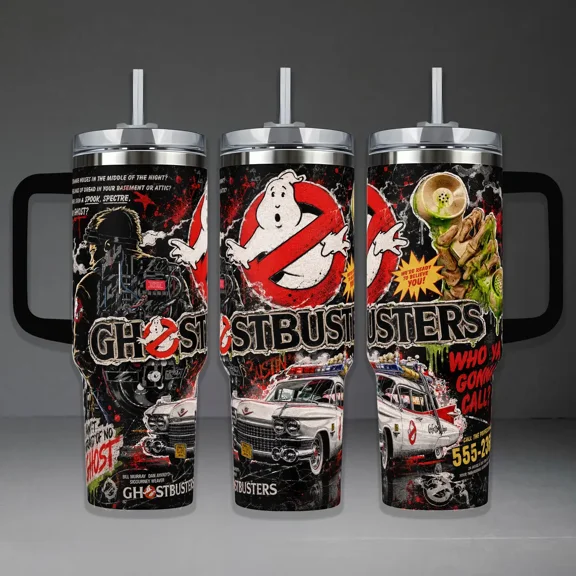 Ghostbusters Tumbler, 20oz & 40oz Insulated Travel Mug with Handle. Classic 80s Movie Merch, Ecto-1, Proton Pack & Iconic Logo Design, Perfect Gift for Ghostbusters Fans and Sci-Fi Collectors