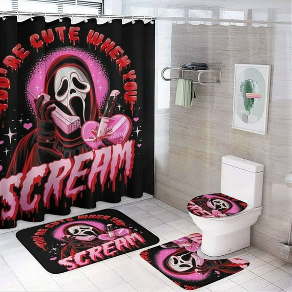 Ghostface 4 Piece Bathroom Set Shower Curtain , Non-Slip Rugs , Toilet Lid Cover And Bath Mat with 12 Hooks for Bathroom Decor Possessing Multiple Functions Such As Anti-slip, Water Absorption, Deco