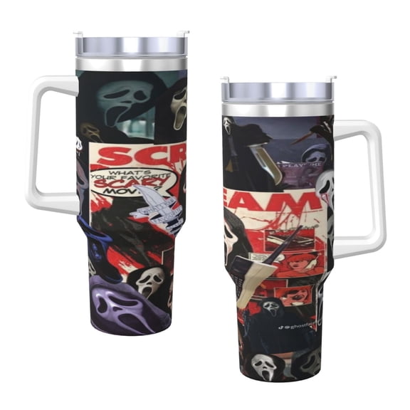 Ghostface 40 Oz Tumbler With Handle And Straw Double Wall Stainless Steel Sublimation Tumbler With Handle Leakproof,Bpa-Free,Keep Cold Hours