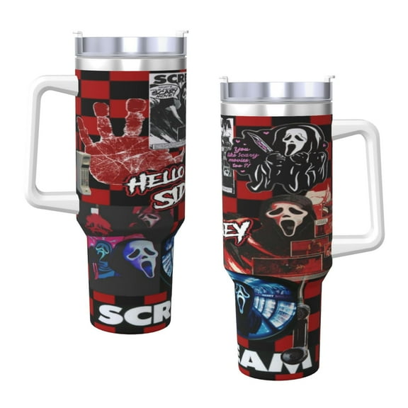Ghostface 40 Oz Tumbler With Handle And Straw Double Wall Stainless Steel Sublimation Tumbler With Handle Leakproof,Bpa-Free,Keep Cold Hours