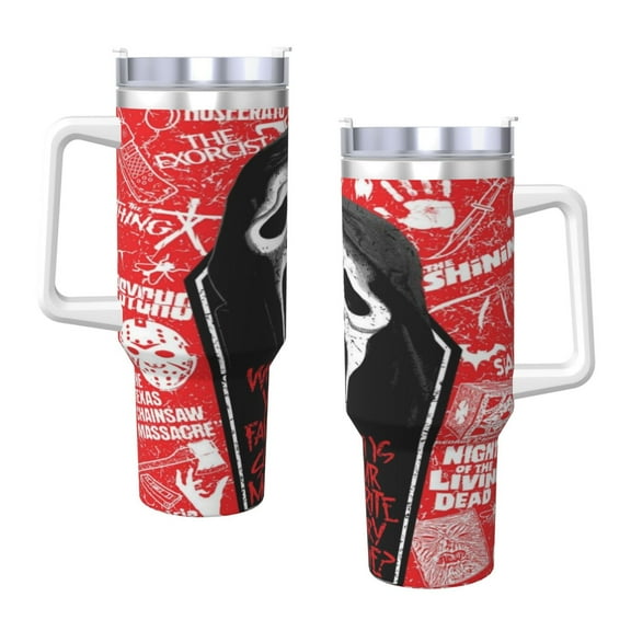 Ghostface 40 Oz Tumbler With Handle And Straw Double Wall Stainless Steel Sublimation Tumbler With Handle Leakproof,Bpa-Free,Keep Cold Hours