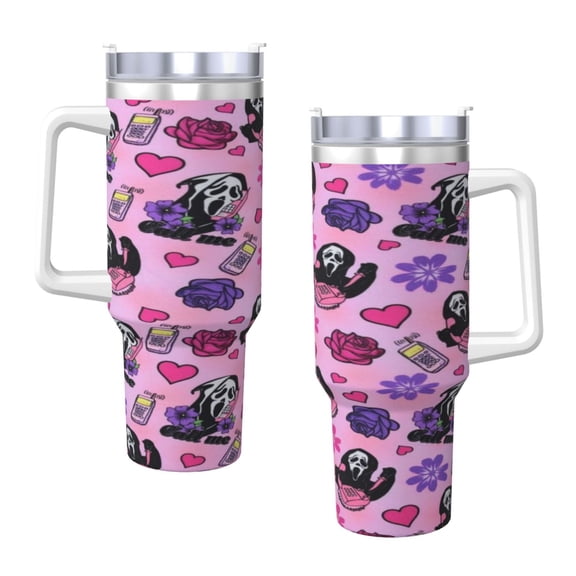 Ghostface 40 Oz Tumbler With Handle And Straw Double Wall Stainless Steel Sublimation Tumbler With Handle Leakproof,Bpa-Free,Keep Cold Hours