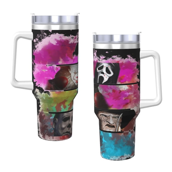 Ghostface 40 Oz Tumbler With Handle And Straw Double Wall Stainless Steel Sublimation Tumbler With Handle Leakproof,Bpa-Free,Keep Cold Hours