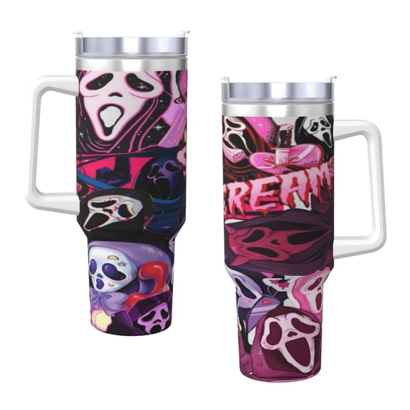 Ghostface 40 Oz Tumbler With Handle And Straw Double Wall Stainless Steel Sublimation Tumbler With Handle Leakproof,Bpa-Free,Keep Cold Hours