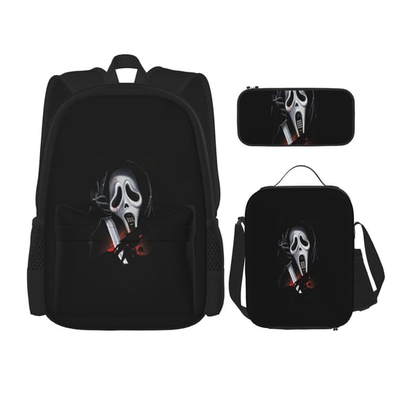 Ghostface Backpack 3pcs Set With Pen Bag And Lunch Bag Fashion Travel Backpack Laptop Backpack Simple And Large Capacity Backpack 17 Inch