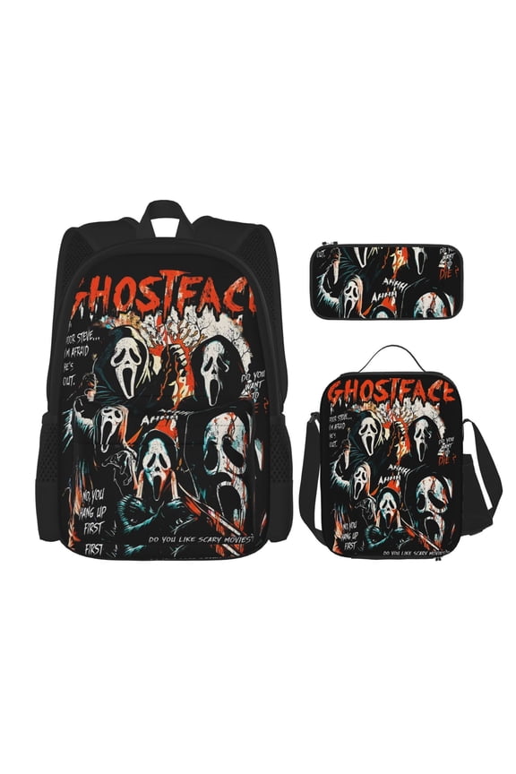 Ghostface Backpack 3pcs Set With Pen Bag And Lunch Bag Fashion Travel Backpack Laptop Backpack Simple And Large Capacity Backpack 17 Inch