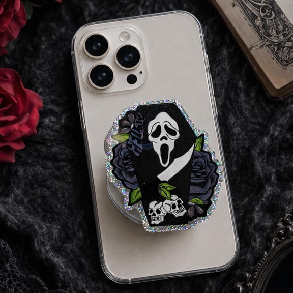 Ghostface Coffin Phone Holder Phone Grip: Spooky Cute Horror Aesthetic Magnetic Phone Holder, Halloween BookTok Gift for Her, Phone Holder