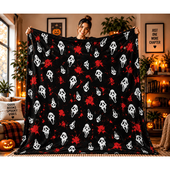 Ghostface Halloween Flannel Blanket, Black Red Horror Mask Pattern Throw Blanket