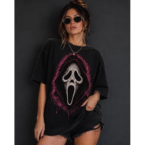 Ghostface Halloween T-Shirt, Horror Graphic Tee, Gothic Pink Skull Shirt