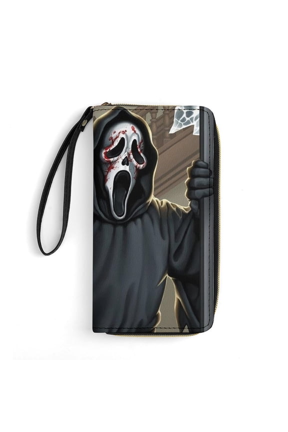 Ghostface Leather Wallet with Wristlet Credit Card Holder Zipper Clutch Stylish Purse for Women Men