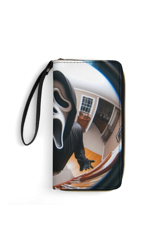 Ghostface Leather Wallet with Wristlet Credit Card Holder Zipper Clutch Stylish Purse for Women Men