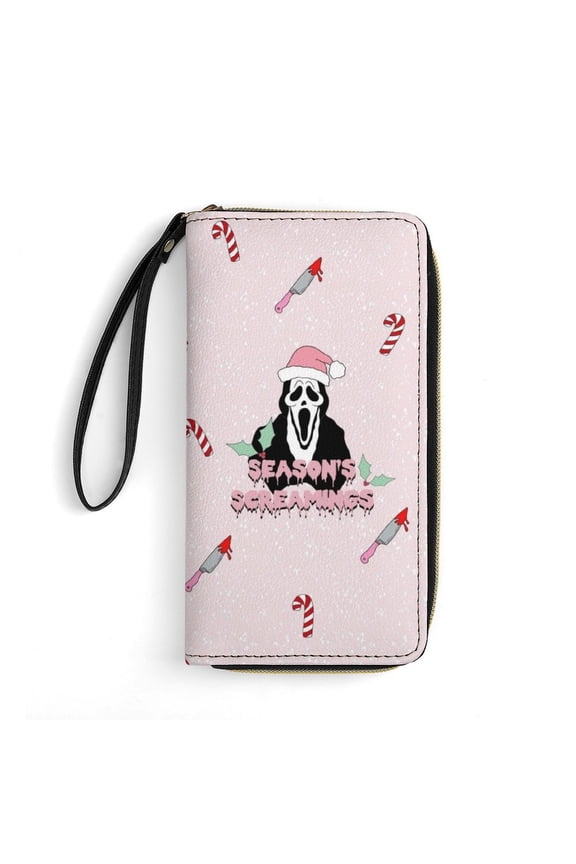 Ghostface Leather Wallet with Wristlet Credit Card Holder Zipper Clutch Stylish Purse for Women Men