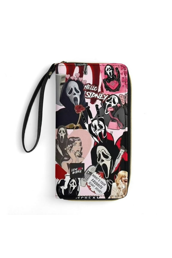 Ghostface Leather Wallet with Wristlet Credit Card Holder Zipper Clutch Stylish Purse for Women Men