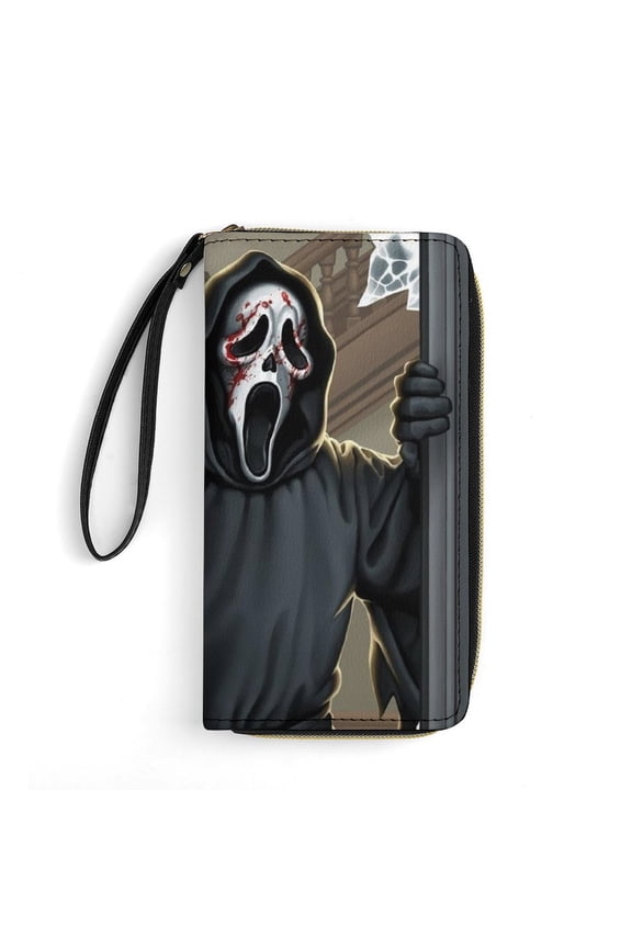 Ghostface Leather Wallet with Wristlet Credit Card Holder Zipper Clutch Stylish Purse for Women Men