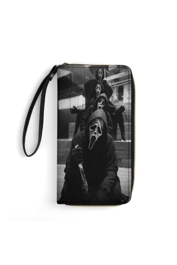 Ghostface Leather Wallet with Wristlet Credit Card Holder Zipper Clutch Stylish Purse for Women Men