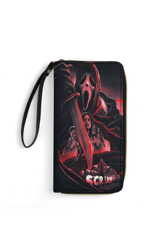 Ghostface Leather Wallet with Wristlet Credit Card Holder Zipper Clutch Stylish Purse for Women Men