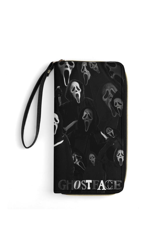 Ghostface Leather Wallet with Wristlet Credit Card Holder Zipper Clutch Stylish Purse for Women Men