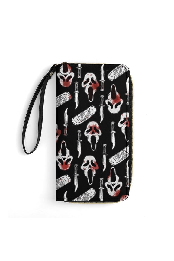 Ghostface Leather Wallet with Wristlet Credit Card Holder Zipper Clutch Stylish Purse for Women Men