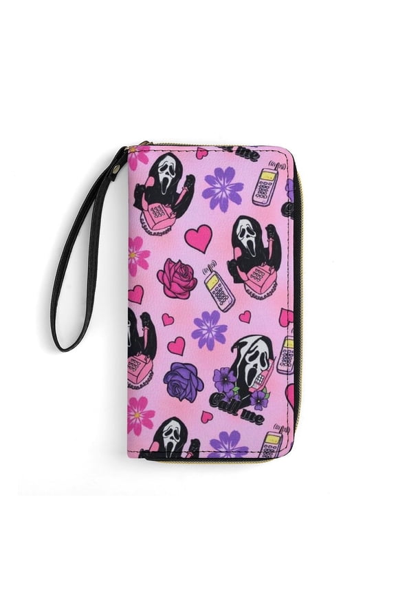 Ghostface Leather Wallet with Wristlet Credit Card Holder Zipper Clutch Stylish Purse for Women Men