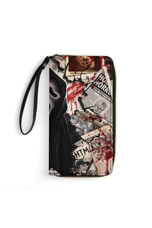 Ghostface Leather Wallet with Wristlet Credit Card Holder Zipper Clutch Stylish Purse for Women Men