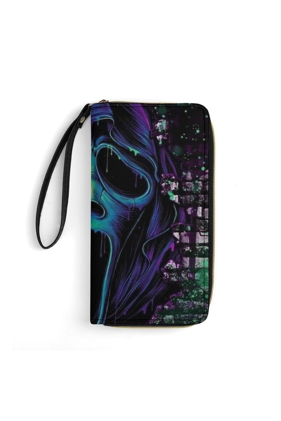 Ghostface Leather Wallet with Wristlet Credit Card Holder Zipper Clutch Stylish Purse for Women Men