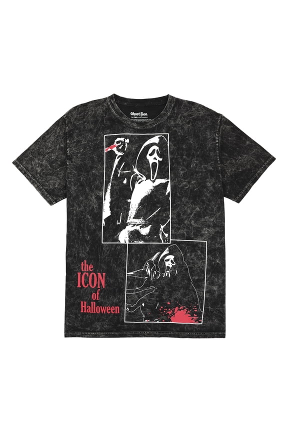 Ghostface Oversize Character Printed Patches With Red Text on Men's Black Mineral Wash Short Sleeve Tee -Medium