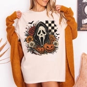 Ghostface Pumpkin Floral T-shirt, Retro Halloween Ghost Shirt, Halloween Pumpkin Tee Horror Shirt Spooky Season Graphic Tee