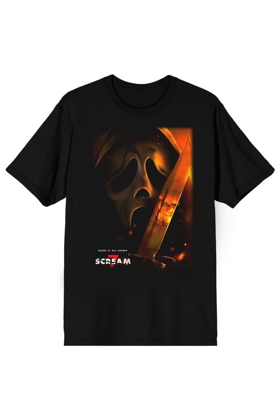 Ghostface X Scream 7 Burn It All Down Poster Adult Black Crew Neck Short Sleeve T-shirt-Large