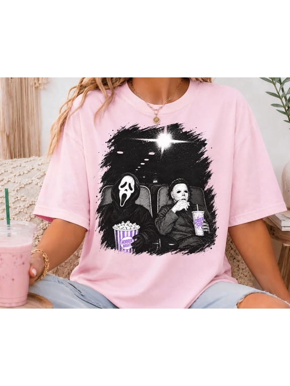 Ghostface and Michael Myers Horror Movie Shirt, Retro Slasher Horror Tee, Halloween T-shirt,Light Pink Color,Size 3XL