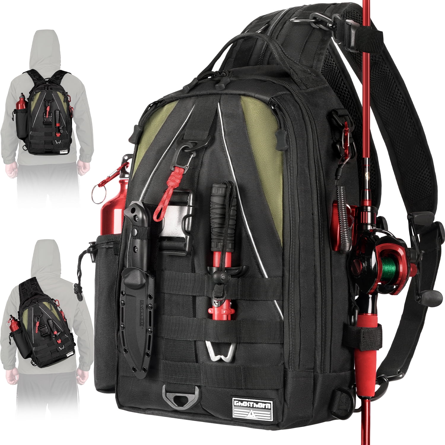 Ghosthorn Fishing Backpack Tackle Sling Bag - Fishing Backpack with Rod Holder - Tackle Box Fly Fishing Gifts for Men Women