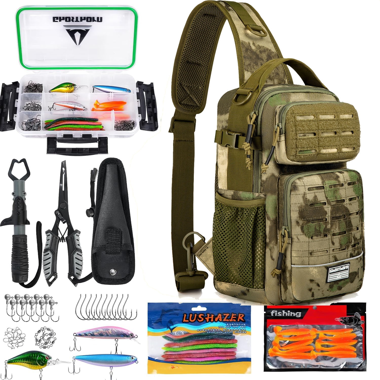 Ghosthorn Fishing Backpack Tackle Sling Bag - Lightweight Sling Tackle Storage Bag with Bait Box - Fishing Backpack with Rod Holder