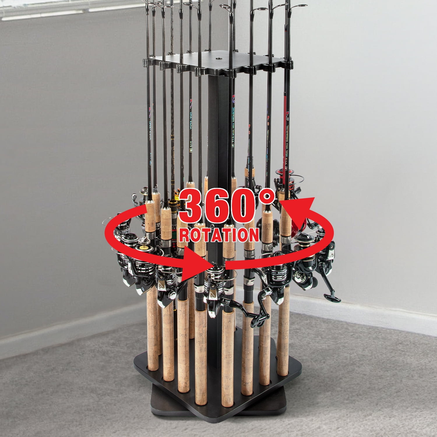 Ghosthorn Fishing Rod Holders for Garage 360 Degree Rotating Fishing Pole Rack, Floor Stand Holds up to 16 Rods Wood Fishing Gear Equipment Storage Organizer, Fishing Gifts for Men