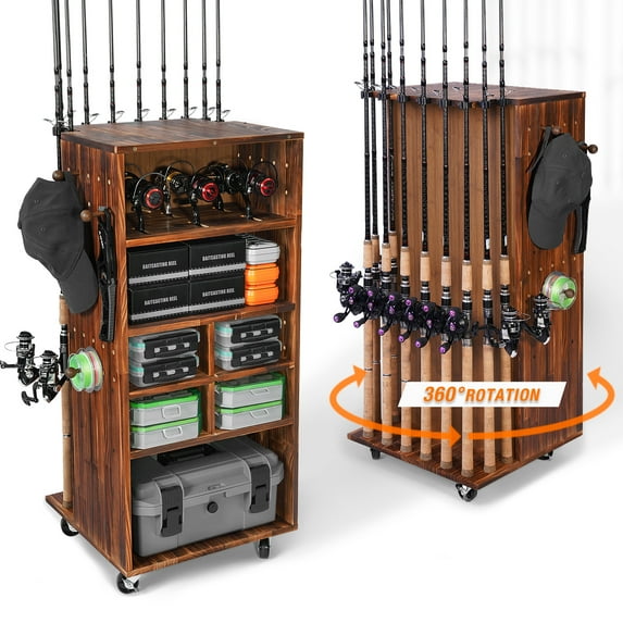 Ghosthorn Fishing Rod Holders for Garage 360 Degree Rotating Fishing Rod Rack Pole Holders Hold up to 10 Rods or Combos Tackle Storage Gear Equipment Organizer Wood Floor Stand for Men Women 4 Wheels