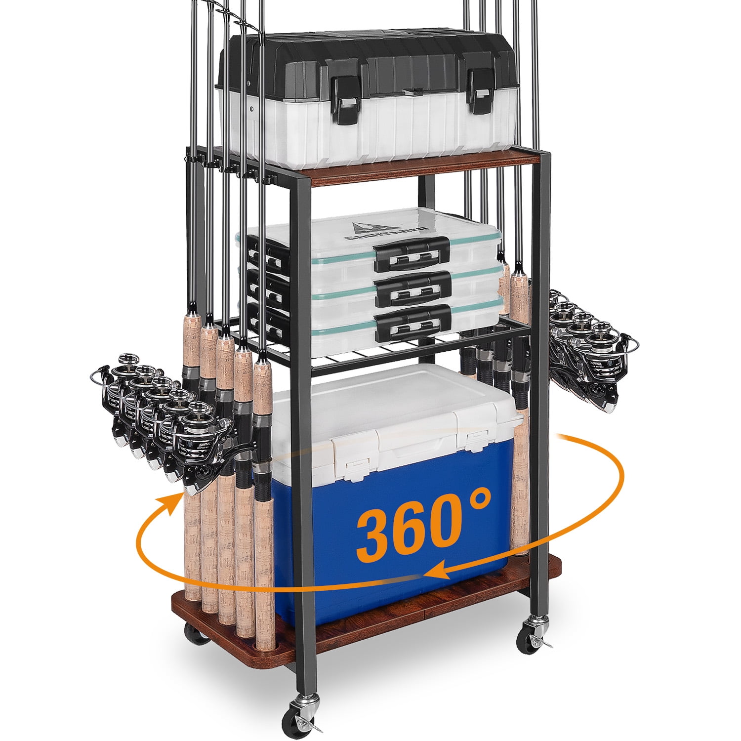 Ghosthorn Fishing Rod Holders for Garage, Fishing Gear and equipment Rotating Tackle Storage Cart, Pole Rod Rack Hold up to 10 Rods, Fishing Gifts for Mother Father
